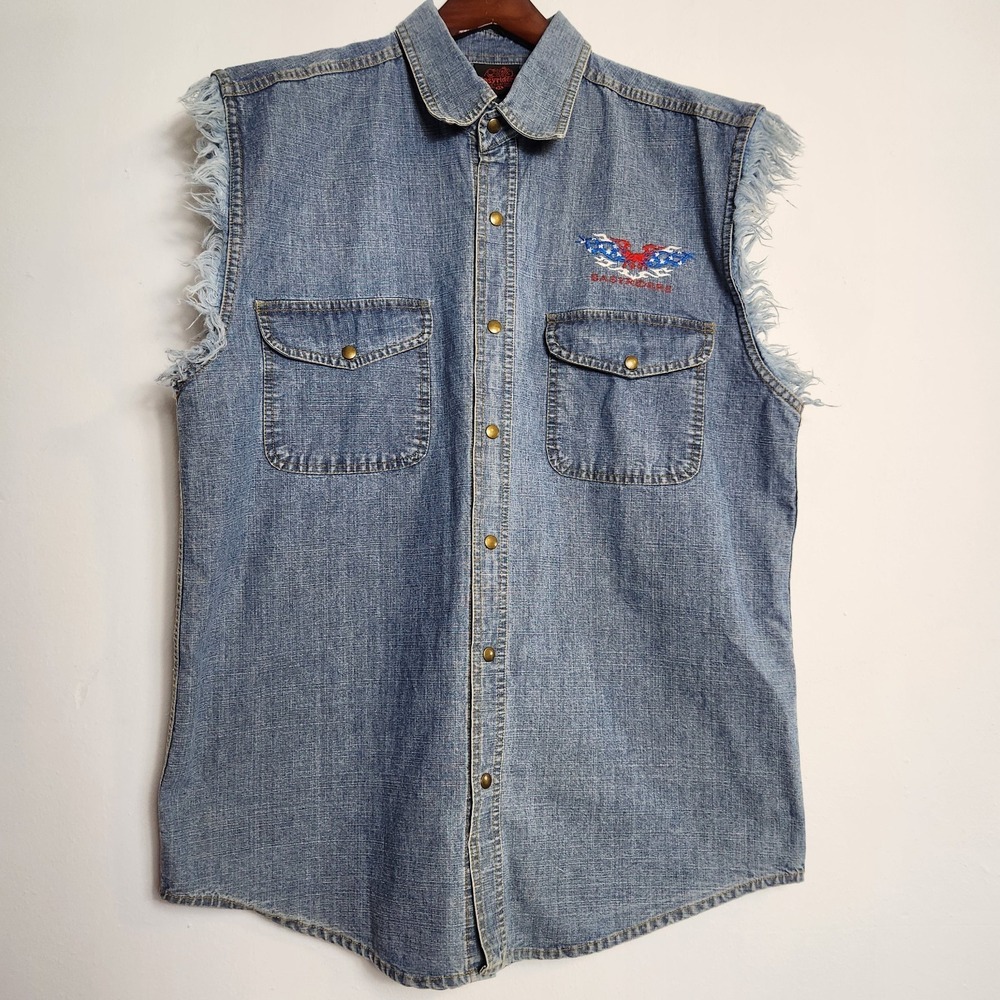 Easy Riders XL Sleeveless Denim Shirt Frayed Eagle Embroidered Biker Y2K Western